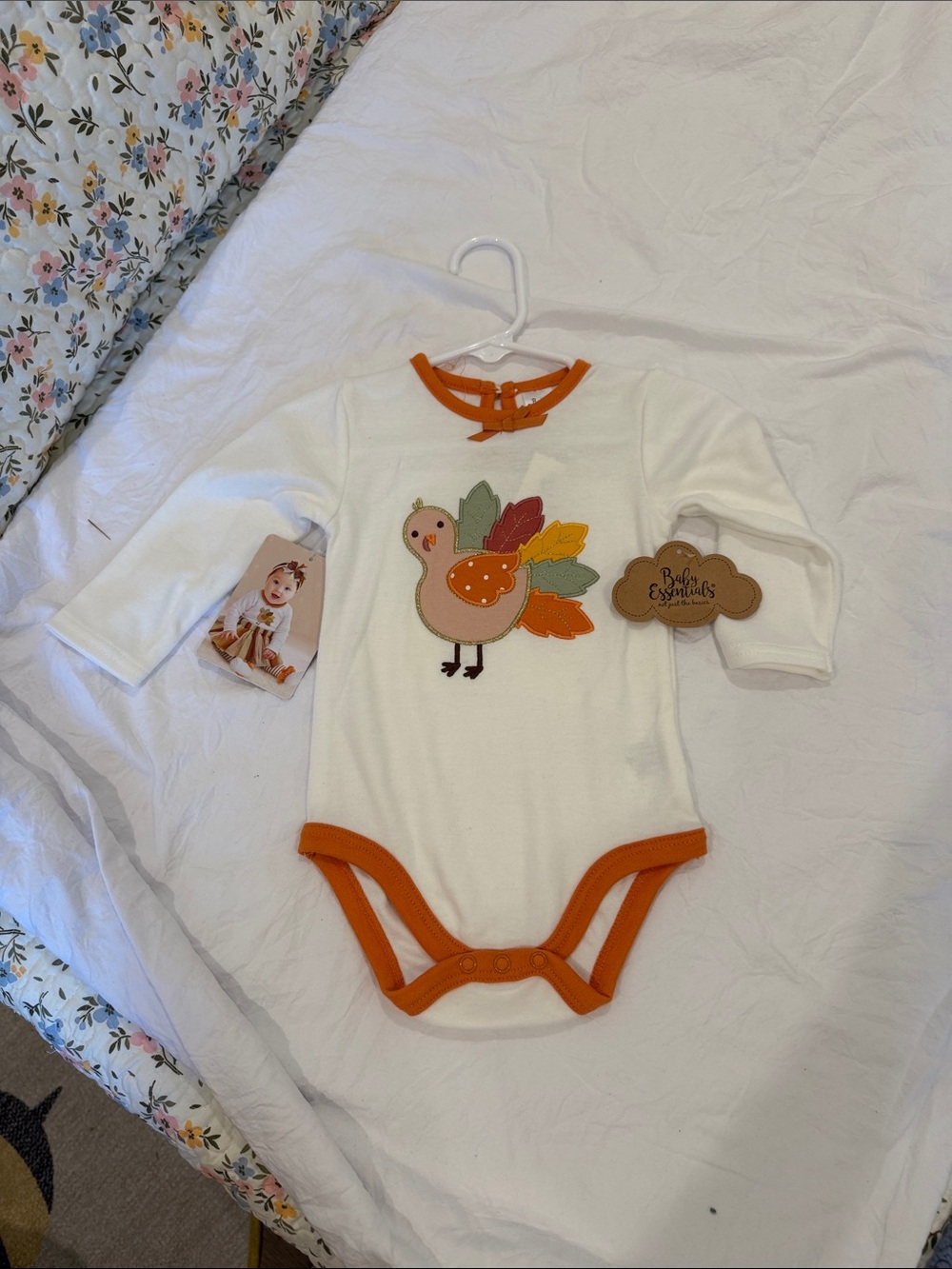 Baby Essentials Cream One-Piece Bodysuit with Orange Trim and Turkey Applique